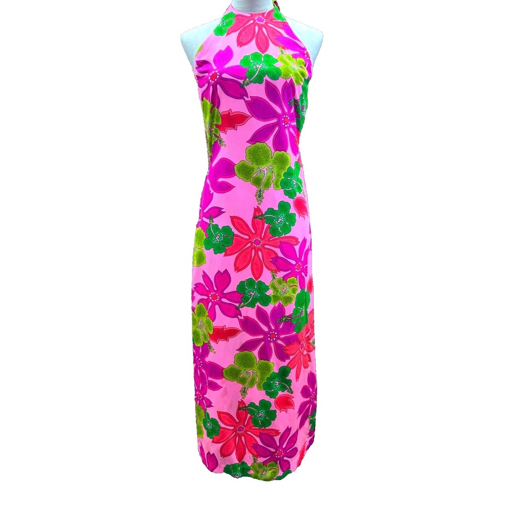 Vintage 60s 70s Pomare Tahiti Maxi Dress Hawaii Floral Bright Electric Colors